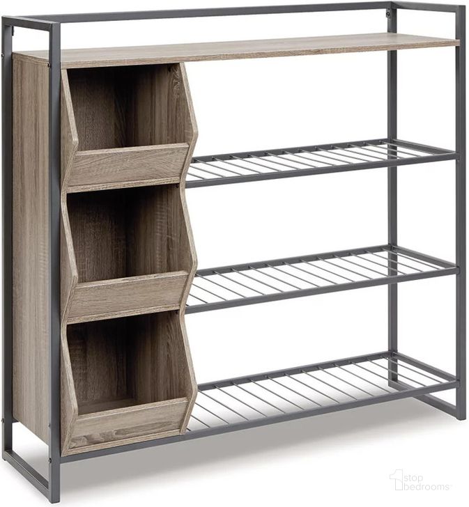 The appearance of Maccenet Gray Shoe Rack designed by Signature Design by Ashley in the transitional interior design. This grayish brown/gunmetal piece of furniture  was selected by 1StopBedrooms from Maccenet Collection to add a touch of cosiness and style into your home. Sku: Z1510473. Material: Metal. Product Type: Shoe Rack. Image1
