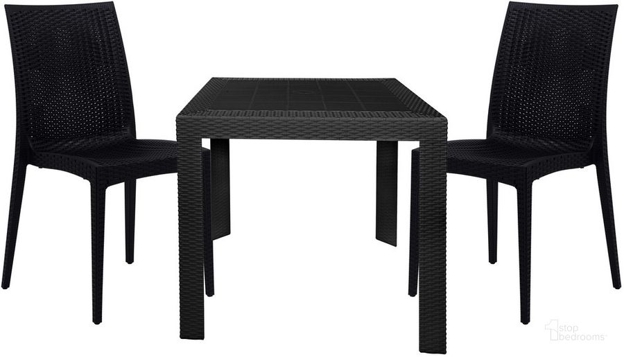 The appearance of Mace 3 Piece Outdoor Dining Set In Black designed by LeisureMod in the modern / contemporary interior design. This black piece of furniture  was selected by 1StopBedrooms from Mace Collection to add a touch of cosiness and style into your home. Sku: MT31C19BL2. Material: Polypropylene. Product Type: Outdoor Dining Set. Image1