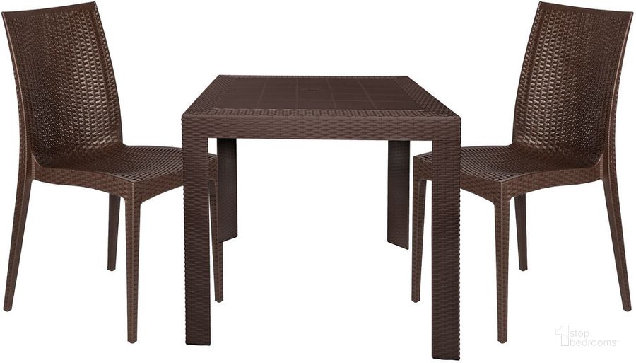 The appearance of Mace 3 Piece Outdoor Dining Set In Brown designed by LeisureMod in the modern / contemporary interior design. This brown piece of furniture  was selected by 1StopBedrooms from Mace Collection to add a touch of cosiness and style into your home. Sku: MT31C19BR2. Material: Polypropylene. Product Type: Outdoor Dining Set. Image1