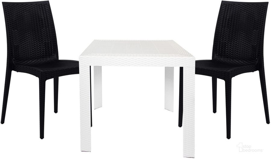 The appearance of Mace 3 Piece Outdoor Dining Set In White and Black designed by LeisureMod in the modern / contemporary interior design. This white/black piece of furniture  was selected by 1StopBedrooms from Mace Collection to add a touch of cosiness and style into your home. Sku: MT31WC19BL2. Material: Polypropylene. Product Type: Outdoor Dining Set. Image1