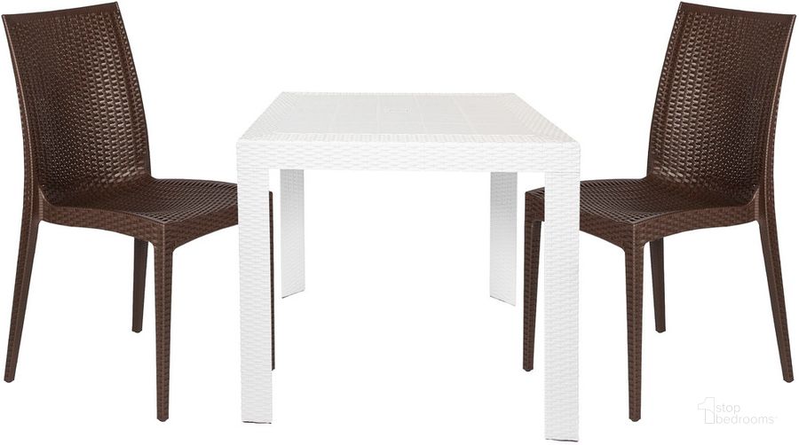 The appearance of Mace 3 Piece Outdoor Dining Set In White and Brown designed by LeisureMod in the modern / contemporary interior design. This white/brown piece of furniture  was selected by 1StopBedrooms from Mace Collection to add a touch of cosiness and style into your home. Sku: MT31WC19BR2. Material: Polypropylene. Product Type: Outdoor Dining Set. Image1