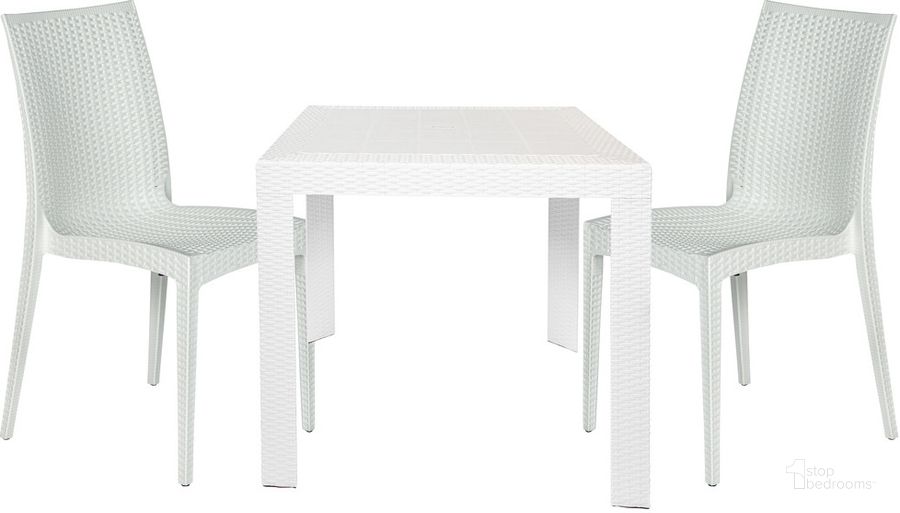 The appearance of Mace 3 Piece Outdoor Dining Set In White designed by LeisureMod in the modern / contemporary interior design. This white piece of furniture  was selected by 1StopBedrooms from Mace Collection to add a touch of cosiness and style into your home. Sku: MT31C19WH2. Material: Polypropylene. Product Type: Outdoor Dining Set. Image1