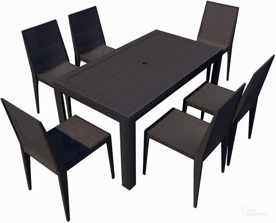 The appearance of Mace 7 Piece Outdoor Dining Set In Black designed by LeisureMod in the modern / contemporary interior design. This black piece of furniture  was selected by 1StopBedrooms from Mace Collection to add a touch of cosiness and style into your home. Sku: MT55C19BL6. Material: Polypropylene. Product Type: Outdoor Dining Set. Image1