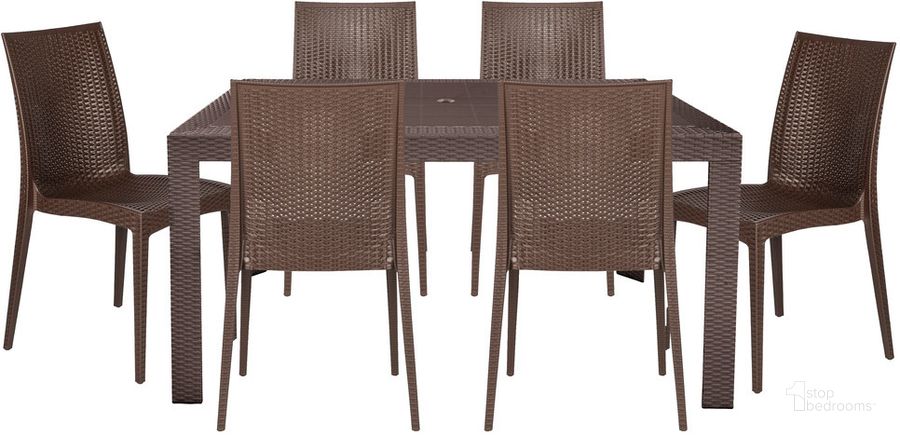 The appearance of Mace 7 Piece Outdoor Dining Set In Brown designed by LeisureMod in the modern / contemporary interior design. This brown piece of furniture  was selected by 1StopBedrooms from Mace Collection to add a touch of cosiness and style into your home. Sku: MT55C19BR6. Material: Polypropylene. Product Type: Outdoor Dining Set. Image1