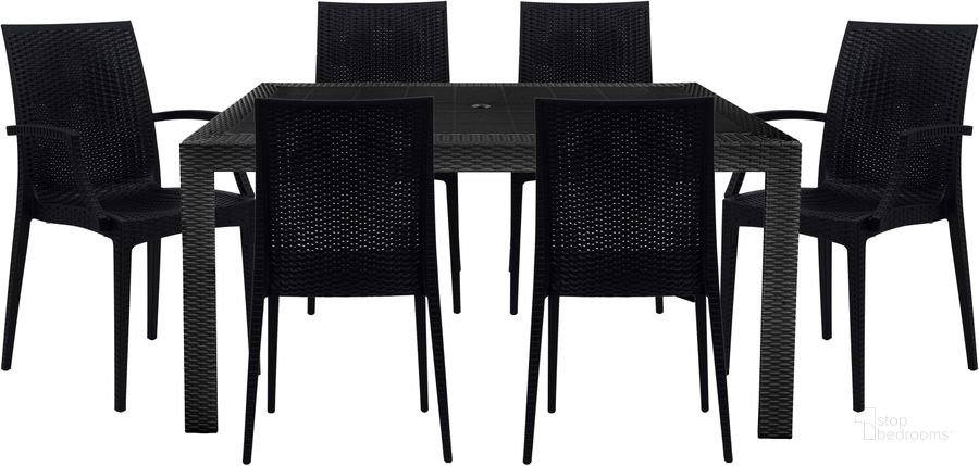 The appearance of Mace 7 Piece Rectangular Outdoor Dining Set In Black designed by LeisureMod in the transitional interior design. This black piece of furniture  was selected by 1StopBedrooms from Mace Collection to add a touch of cosiness and style into your home. Sku: MT55MC194A2BL. Material: Polypropylene. Product Type: Outdoor Dining Set. Image1