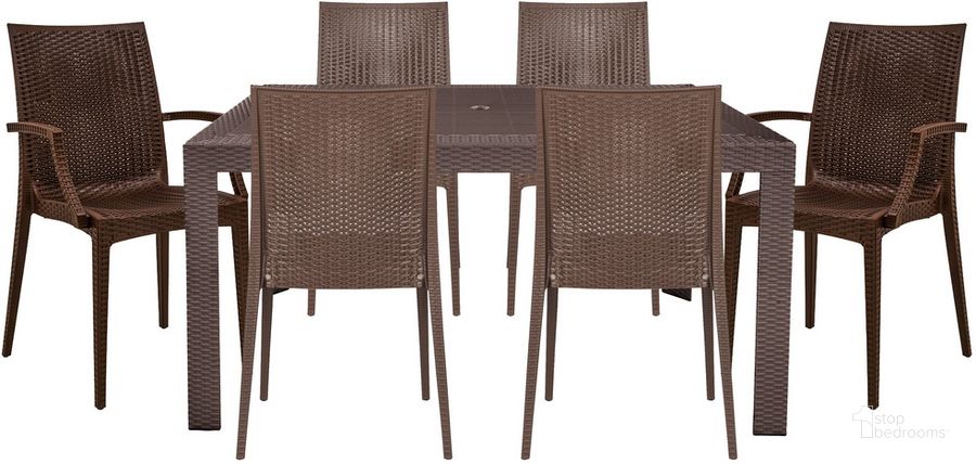 The appearance of Mace 7 Piece Rectangular Outdoor Dining Set In Brown designed by LeisureMod in the transitional interior design. This brown piece of furniture  was selected by 1StopBedrooms from Mace Collection to add a touch of cosiness and style into your home. Sku: MT55MC194A2BR. Material: Polypropylene. Product Type: Outdoor Dining Set. Image1