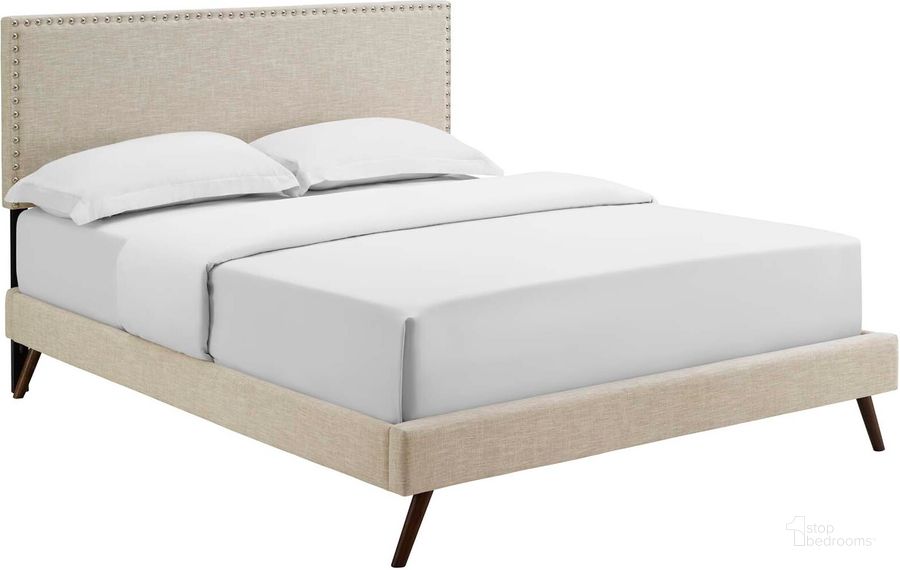 The appearance of Macie Beige Queen Fabric Platform Bed with Round Splayed Legs designed by Modway in the modern / contemporary interior design. This beige piece of furniture  was selected by 1StopBedrooms from Macie Collection to add a touch of cosiness and style into your home. Sku: MOD-5963-BEI. Bed Type: Platform Bed. Material: Wood. Product Type: Platform Bed. Bed Size: Queen. Image1