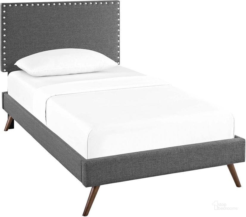 The appearance of Macie Gray Twin Fabric Platform Bed with Round Splayed Legs designed by Modway in the modern / contemporary interior design. This gray piece of furniture  was selected by 1StopBedrooms from Macie Collection to add a touch of cosiness and style into your home. Sku: MOD-5959-GRY. Bed Type: Platform Bed. Material: Wood. Product Type: Platform Bed. Bed Size: Twin. Image1