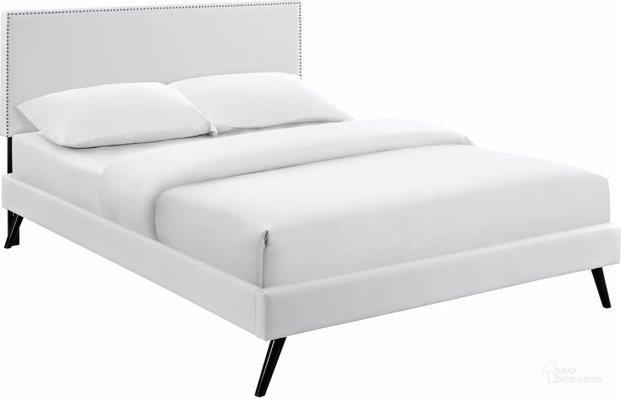 The appearance of Macie White King Vinyl Platform Bed with Round Splayed Legs designed by Modway in the modern / contemporary interior design. This white piece of furniture  was selected by 1StopBedrooms from Macie Collection to add a touch of cosiness and style into your home. Sku: MOD-5964-WHI. Bed Type: Platform Bed. Material: Wood. Product Type: Platform Bed. Bed Size: King. Image1