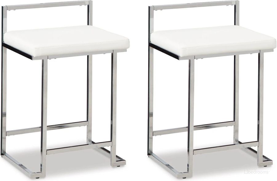 The appearance of Madanere White Counter Height Stool Set Of 2 designed by Signature Design by Ashley in the modern / contemporary interior design. This white and chrome piece of furniture  was selected by 1StopBedrooms from Madanere Collection to add a touch of cosiness and style into your home. Sku: D275-724. Material: Leather Match. Product Type: Barstool. Image1