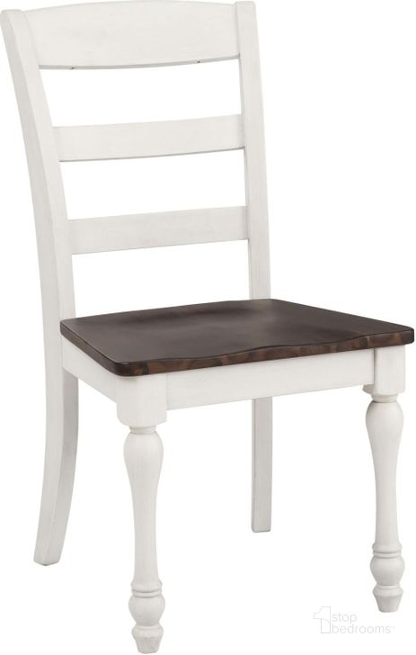 The appearance of Madelyn Dark Cocoa And Coastal White Side Chair Set Of 2 designed by Coaster in the transitional interior design. This white piece of furniture  was selected by 1StopBedrooms from Madelyn Collection to add a touch of cosiness and style into your home. Sku: 110382. Material: Wood. Product Type: Dining Chair. Image1