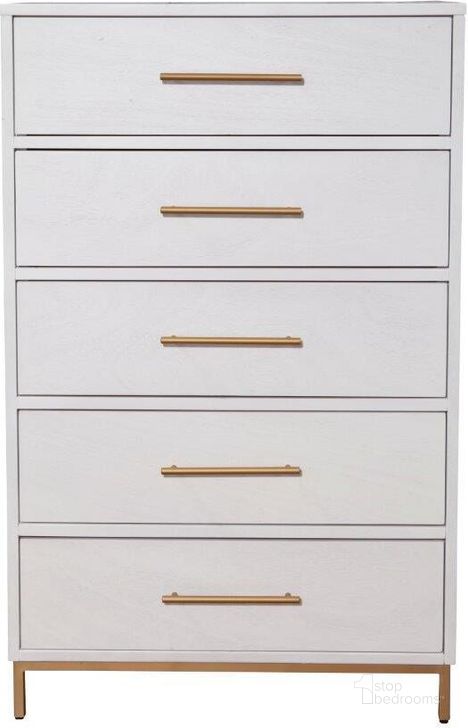 The appearance of Madelyn Five Drawer Chest White designed by Alpine in the modern / contemporary interior design. This white piece of furniture  was selected by 1StopBedrooms from Madelyn Collection to add a touch of cosiness and style into your home. Sku: 2010-05. Product Type: Chest. Material: Wood Veneer. Image1