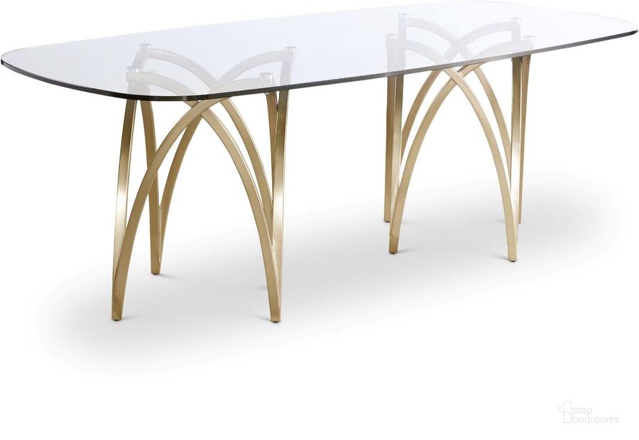 The appearance of Madelyn Gold Dining Table designed by Meridian in the modern / contemporary interior design. This gold piece of furniture  was selected by 1StopBedrooms from Madelyn Collection to add a touch of cosiness and style into your home. Sku: 553-T-1;553-T-2. Table Base Style: Double Pedestal. Material: Glass. Product Type: Dining Table. Table Top Shape: Rectangular. Image1
