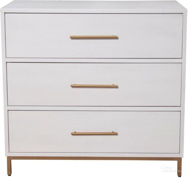 The appearance of Madelyn Three Drawer Small Chest White designed by Alpine in the modern / contemporary interior design. This white piece of furniture  was selected by 1StopBedrooms from Madelyn Collection to add a touch of cosiness and style into your home. Sku: 2010-04. Product Type: Chest. Material: Wood Veneer. Image1