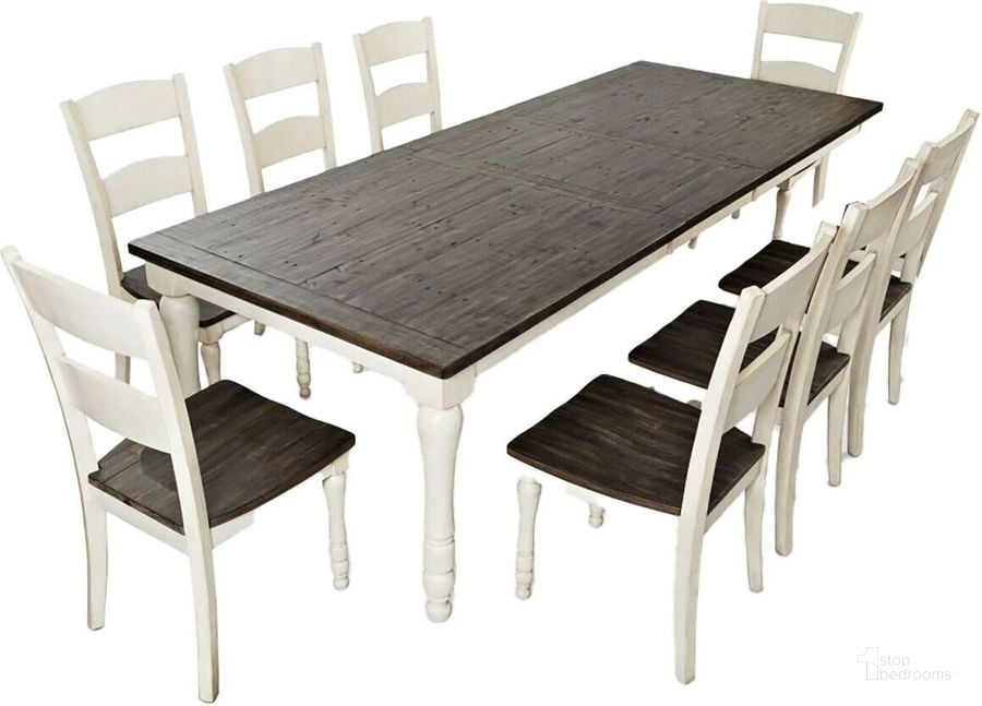 The appearance of Madison County Reclaimed Pine 106 Inch Farmhouse Nine-Piece Dining Set In Vintage White designed by Jofran in the country / farmhouse interior design. This vintage white piece of furniture  was selected by 1StopBedrooms from Madison County Collection to add a touch of cosiness and style into your home. Sku: 1706-106D-9. Product Type: Dining Room Set. Material: Pine. Image1