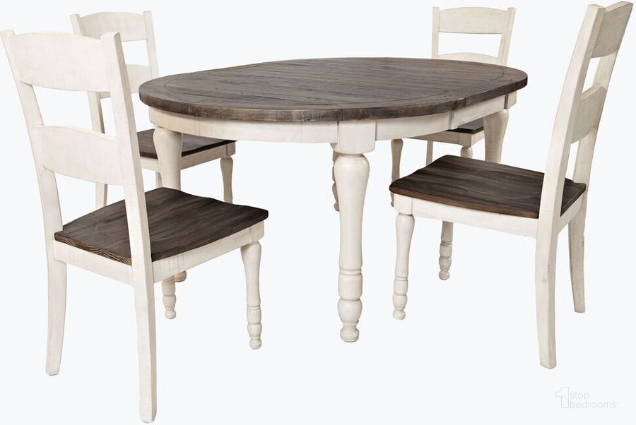 The appearance of Madison County Reclaimed Pine 66 Inch Oval Farmhouse Five-Piece Dining Set In Vintage White designed by Jofran in the country / farmhouse interior design. This vintage white piece of furniture  was selected by 1StopBedrooms from Madison County Collection to add a touch of cosiness and style into your home. Sku: 1706-66D-5. Product Type: Dining Room Set. Material: Plywood. Image1
