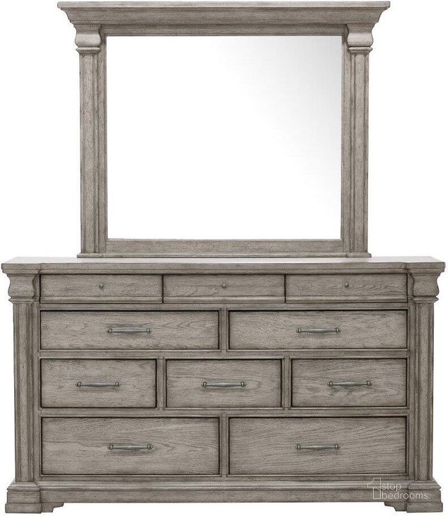The appearance of Madison Ridge 10 Drawer Dresser And Framed Mirror In Heritage Taupe designed by Pulaski in the traditional interior design. This brown piece of furniture  was selected by 1StopBedrooms from Madison Collection to add a touch of cosiness and style into your home. Sku: P091100;P091110. Product Type: Dresser and Mirror. Material: Wood Veneer. Image1
