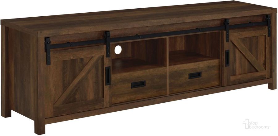 The appearance of Madra Rectangular TV Console with 2 Sliding Doors In Dark Pine designed by Coaster in the rustic / southwestern interior design. This dark pine piece of furniture  was selected by 1StopBedrooms from Madra Collection to add a touch of cosiness and style into your home. Sku: 736273. Material: Wood. Product Type: TV Stand. Image1