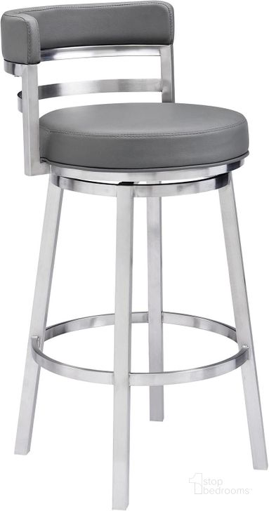 The appearance of Madrid Brushed Stainless Steel And Grey Faux Leather 30 Inch Counter Height Barstool designed by Armen Living in the modern / contemporary interior design. This grey piece of furniture  was selected by 1StopBedrooms from Madrid Collection to add a touch of cosiness and style into your home. Sku: LCMABABSGR30. Product Type: Barstool. Image1