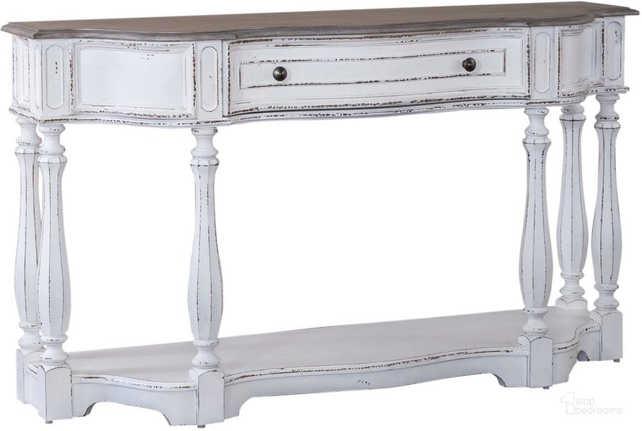 The appearance of Magnolia Manor 56 Inch Hall Console Table designed by Liberty in the traditional interior design. This antique white piece of furniture  was selected by 1StopBedrooms from Magnolia Manor Collection to add a touch of cosiness and style into your home. Sku: 244-AT2001. Product Type: Console Table. Material: Rubberwood. Image1