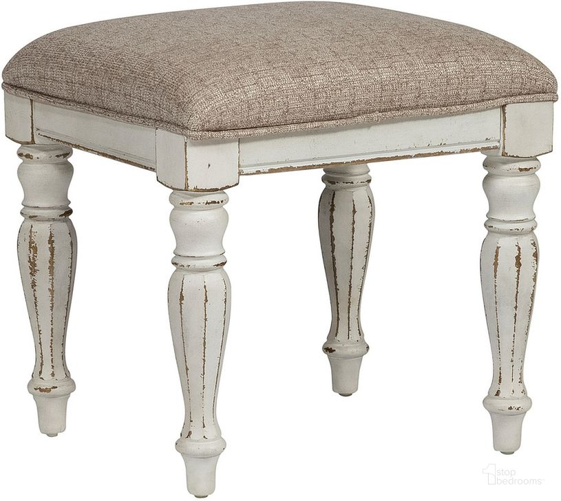 The appearance of Magnolia Manor Antique Vanity Stool designed by Liberty in the transitional interior design. This antique white piece of furniture  was selected by 1StopBedrooms from Magnolia Manor Collection to add a touch of cosiness and style into your home. Sku: 244-BR99. Material: Upholstered. Product Type: Vanity Stool. Image1