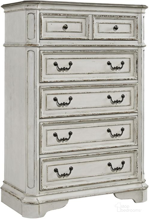 The appearance of Magnolia Manor Antique White 5 Drawer Chest designed by Liberty in the transitional interior design. This antique white piece of furniture  was selected by 1StopBedrooms from Magnolia Manor Collection to add a touch of cosiness and style into your home. Sku: 244-BR41. Material: Wood. Product Type: Chest. Image1