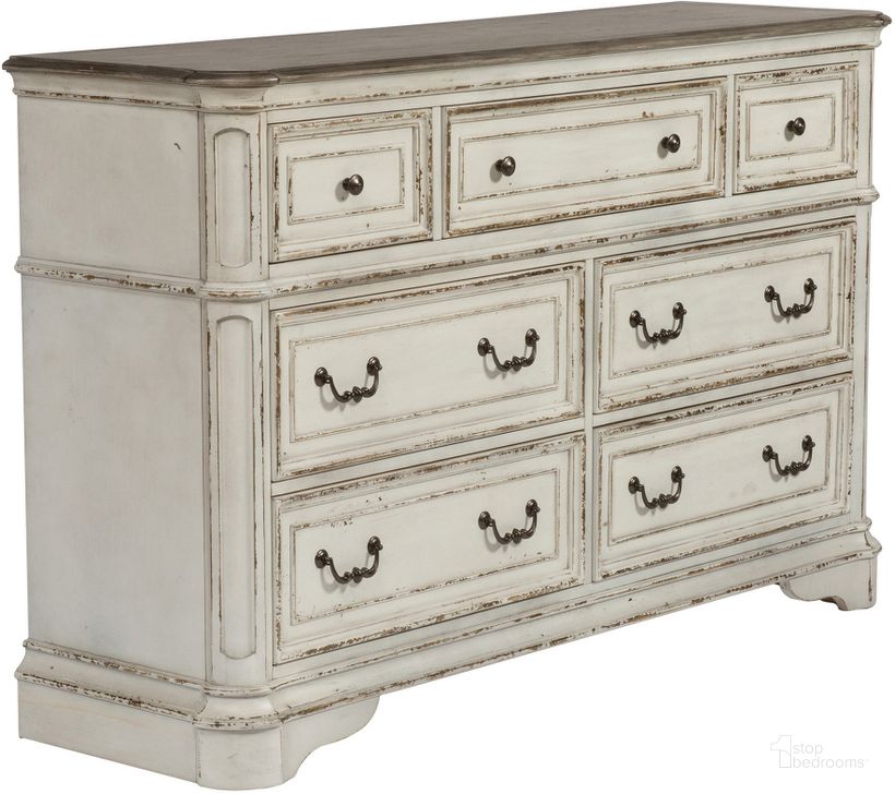 The appearance of Magnolia Manor Antique White 7 Drawer Dresser designed by Liberty in the transitional interior design. This antique white piece of furniture  was selected by 1StopBedrooms from Magnolia Manor Collection to add a touch of cosiness and style into your home. Sku: 244-BR31. Material: Wood. Product Type: Dresser. Image1