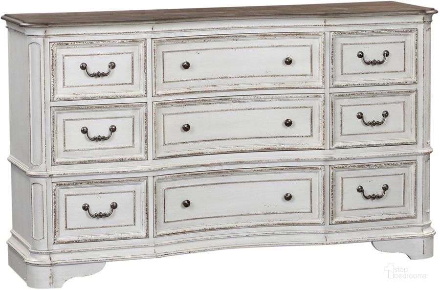 The appearance of Magnolia Manor Antique White 9 Drawer Dresser designed by Liberty in the rustic / southwestern interior design. This antique white piece of furniture  was selected by 1StopBedrooms from Magnolia Manor Collection to add a touch of cosiness and style into your home. Sku: 244-BR34. Material: Wood. Product Type: Dresser. Image1