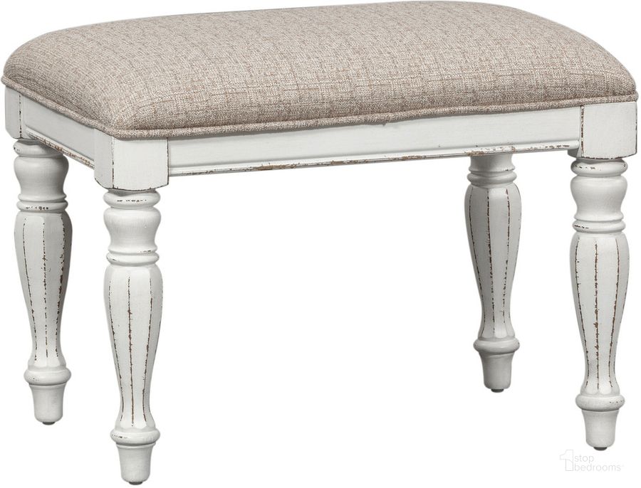 The appearance of Magnolia Manor Antique White Accent Bench designed by Liberty in the country / farmhouse interior design. This antique white piece of furniture  was selected by 1StopBedrooms from Magnolia Manor Collection to add a touch of cosiness and style into your home. Sku: 244-AB9001. Product Type: Bedroom Bench. Material: Rubberwood. Image1