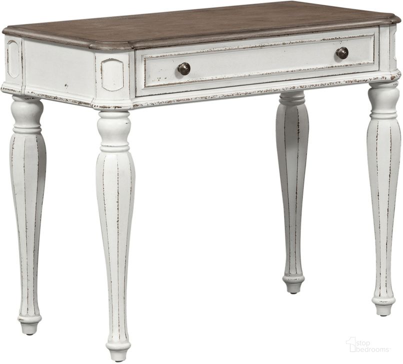 The appearance of Magnolia Manor Antique White Accent Vanity Desk designed by Liberty in the country / farmhouse interior design. This antique white piece of furniture  was selected by 1StopBedrooms from Magnolia Manor Collection to add a touch of cosiness and style into your home. Sku: 244-AT3630. Product Type: Bedroom Vanity. Material: Rubberwood. Image1