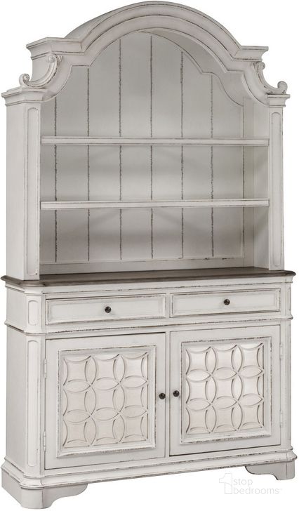 The appearance of Magnolia Manor Antique White Buffet With Hutch designed by Liberty in the transitional interior design. This antique white piece of furniture  was selected by 1StopBedrooms from Magnolia Manor Collection to add a touch of cosiness and style into your home. Sku: 244-CB5692;244-CH5692. Material: Wood. Product Type: Buffet and Hutch. Image1