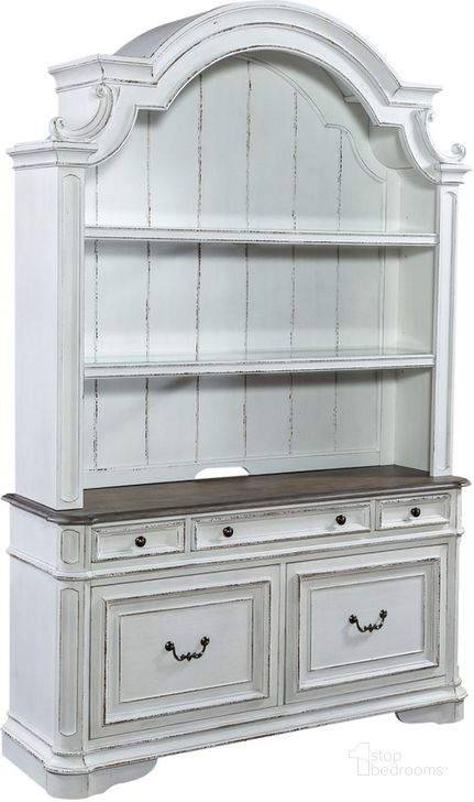 The appearance of Magnolia Manor Antique White Credenza With Hutch designed by Liberty in the transitional interior design. This antique white piece of furniture  was selected by 1StopBedrooms from Magnolia Manor Collection to add a touch of cosiness and style into your home. Sku: 244-HO121;244-HO131. Material: Wood. Product Type: Credenza. Image1