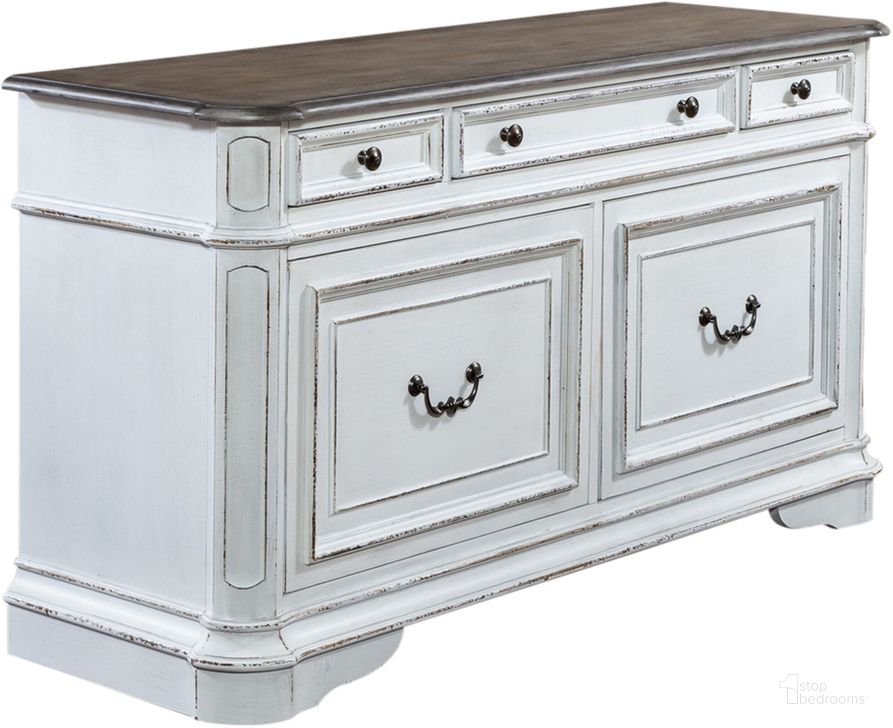 The appearance of Magnolia Manor Antique White Credenza designed by Liberty in the transitional interior design. This antique white piece of furniture  was selected by 1StopBedrooms from Magnolia Manor Collection to add a touch of cosiness and style into your home. Sku: 244-HO121. Material: Wood. Product Type: Credenza. Image1