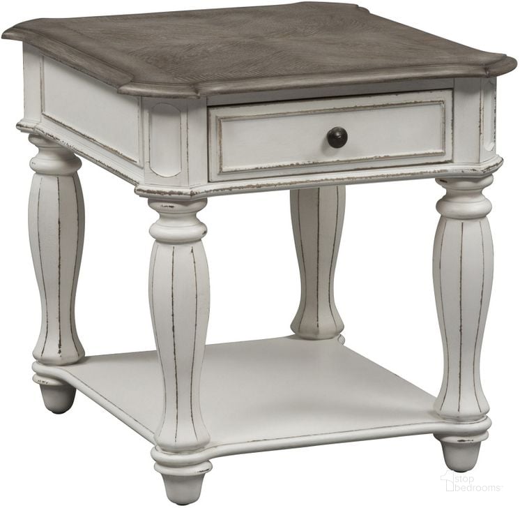 The appearance of Magnolia Manor Antique White End Table designed by Liberty in the transitional interior design. This antique white piece of furniture  was selected by 1StopBedrooms from Magnolia Manor Collection to add a touch of cosiness and style into your home. Sku: 244-OT1020. Table Top Shape: Square. Material: Wood. Product Type: End Table. Image1