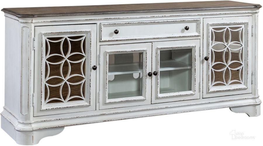 The appearance of Magnolia Manor Antique White Entertainment TV Stand designed by Liberty in the transitional interior design. This antique white piece of furniture  was selected by 1StopBedrooms from Magnolia Manor Collection to add a touch of cosiness and style into your home. Sku: 244-TV74. Material: Wood. Product Type: TV Stand. Image1