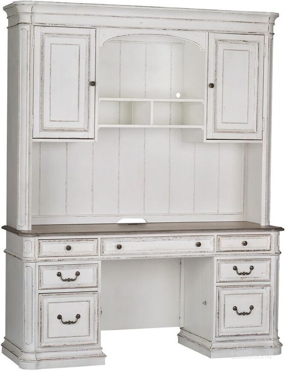 The appearance of Magnolia Manor Antique White Jr Executive Credenza With Hutch designed by Liberty in the transitional interior design. This antique white piece of furniture  was selected by 1StopBedrooms from Magnolia Manor Collection to add a touch of cosiness and style into your home. Sku: 244-HO120B;244-HO120T;244-HO132. Product Type: Credenza. Material: Rubberwood. Image1