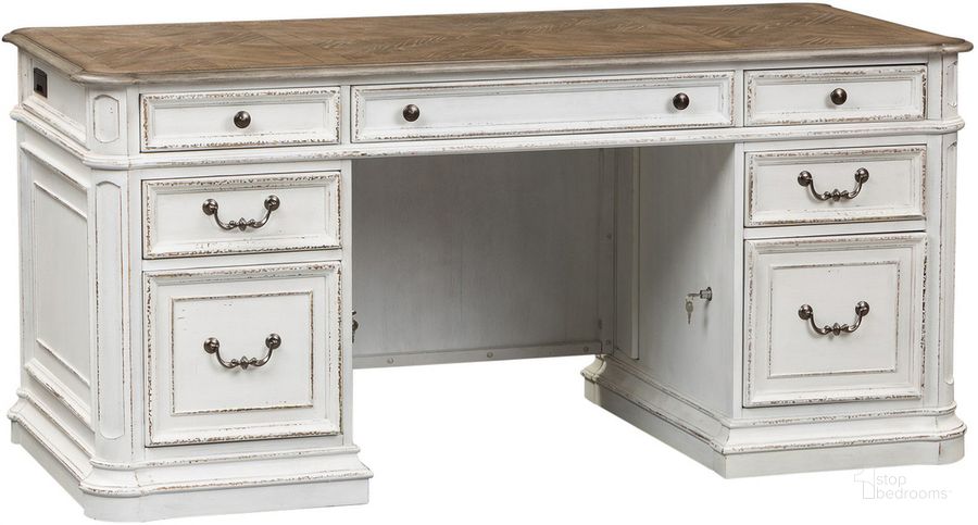 The appearance of Magnolia Manor Antique White Jr Executive Desk designed by Liberty in the transitional interior design. This antique white piece of furniture  was selected by 1StopBedrooms from Magnolia Manor Collection to add a touch of cosiness and style into your home. Sku: 244-HO105B;244-HO105T. Product Type: Executive Desk. Material: Rubberwood. Image1