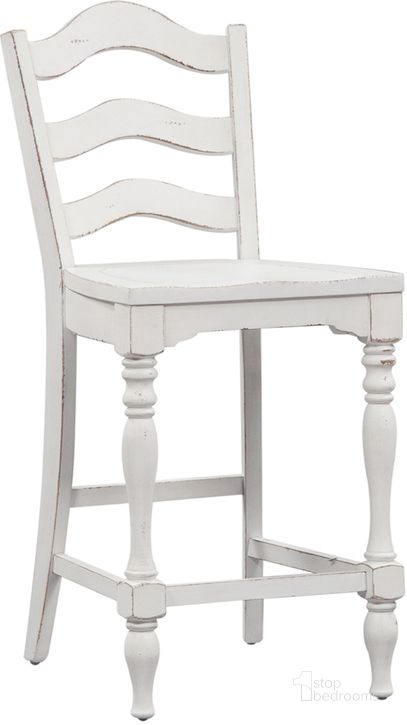 The appearance of Magnolia Manor Antique White Ladder Back Counter Chair Set of 2 designed by Liberty in the country / farmhouse interior design. This antique white piece of furniture  was selected by 1StopBedrooms from Magnolia Manor Collection to add a touch of cosiness and style into your home. Sku: 244-B200024. Product Type: Barstool. Material: Rubberwood. Image1