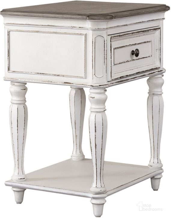 The appearance of Magnolia Manor Antique White Leg Nightstand designed by Liberty in the transitional interior design. This antique white piece of furniture  was selected by 1StopBedrooms from Magnolia Manor Collection to add a touch of cosiness and style into your home. Sku: 244-BR63. Material: Wood. Product Type: Nightstand. Image1