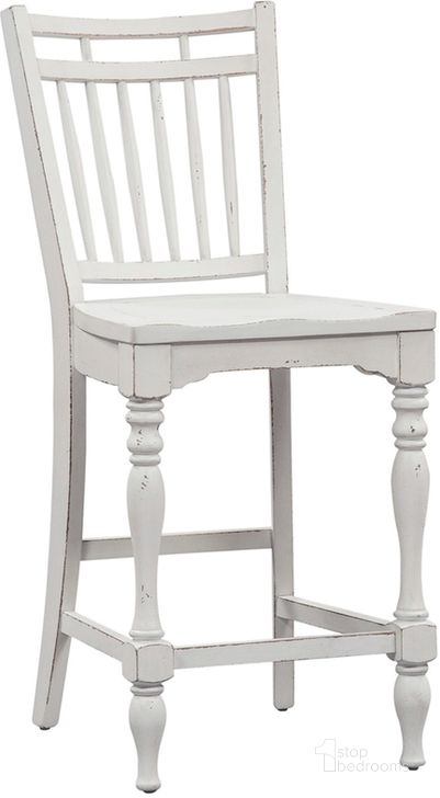 The appearance of Magnolia Manor Antique White Spindle Back Counter Chair Set of 2 designed by Liberty in the country / farmhouse interior design. This antique white piece of furniture  was selected by 1StopBedrooms from Magnolia Manor Collection to add a touch of cosiness and style into your home. Sku: 244-B400024. Product Type: Barstool. Material: Rubberwood. Image1