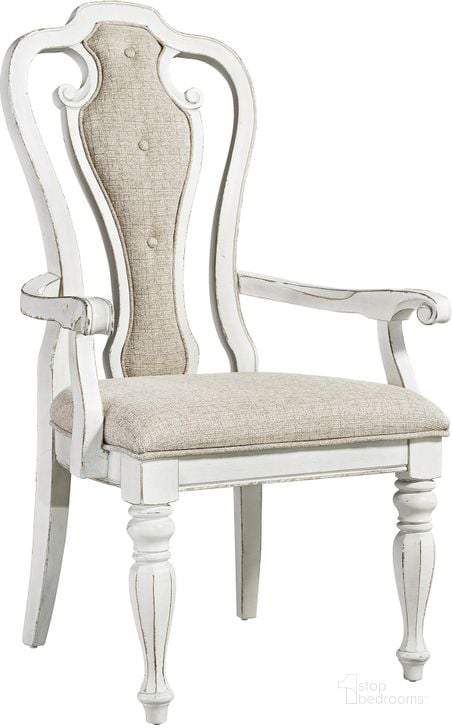 The appearance of Magnolia Manor Antique White Splat Back Arm Chair Set of 2 designed by Liberty in the transitional interior design. This antique white piece of furniture  was selected by 1StopBedrooms from Magnolia Manor Collection to add a touch of cosiness and style into your home. Sku: 244-C2501A. Material: Wood. Product Type: Arm Chair. Image1