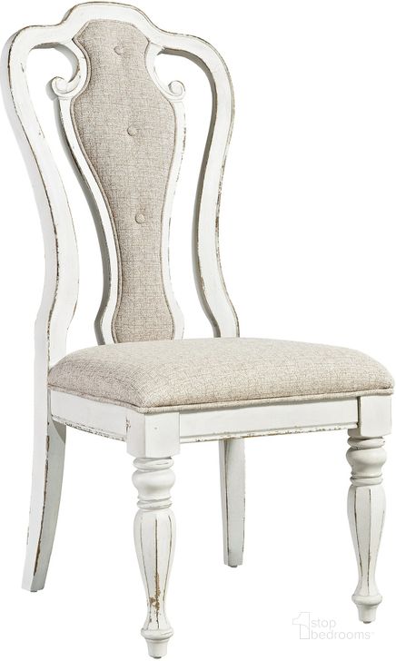 The appearance of Magnolia Manor Antique White Splatback Side Chair Set of 2 designed by Liberty in the transitional interior design. This antique white piece of furniture  was selected by 1StopBedrooms from Magnolia Manor Collection to add a touch of cosiness and style into your home. Sku: 244-C2501S. Material: Wood. Product Type: Side Chair. Image1