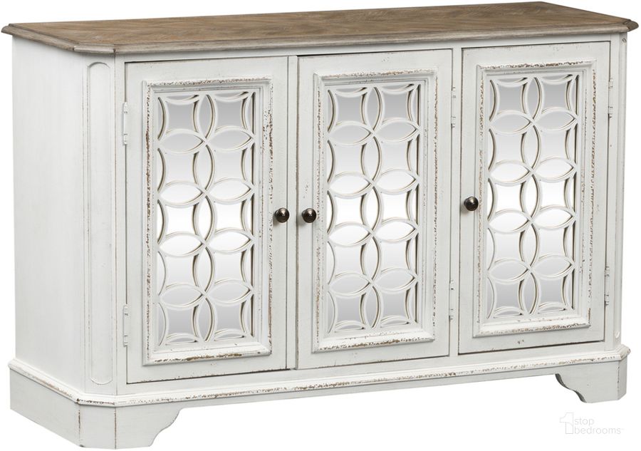 The appearance of Magnolia Manor Antique White TV Console designed by Liberty in the transitional interior design. This antique white piece of furniture  was selected by 1StopBedrooms from Magnolia Manor Collection to add a touch of cosiness and style into your home. Sku: 244-OT1031. Material: Wood. Product Type: TV Console. Image1