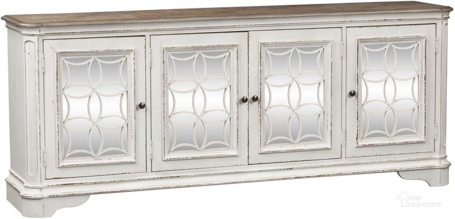 The appearance of Magnolia Manor Antique White TV Console designed by Liberty in the traditional interior design. This antique white piece of furniture  was selected by 1StopBedrooms from Magnolia Manor Collection to add a touch of cosiness and style into your home. Sku: 244-TV84. Material: Wood. Product Type: TV Console. Image1