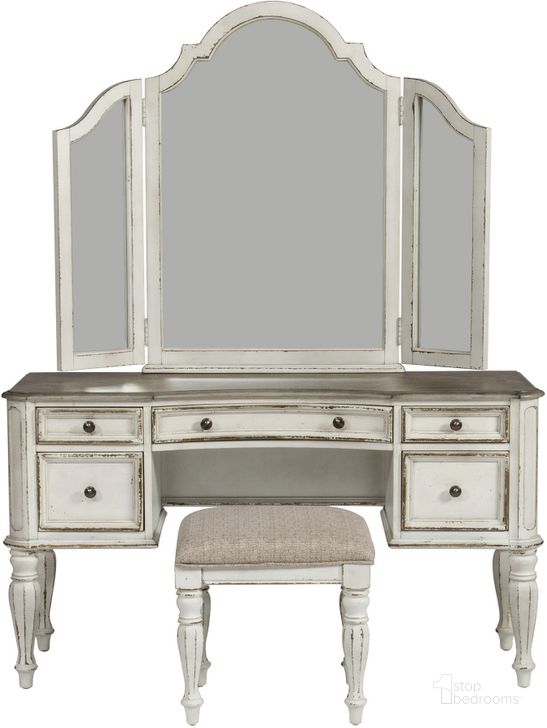 The appearance of Magnolia Manor Antique White Vanity designed by Liberty in the modern / contemporary interior design. This antique white piece of furniture  was selected by 1StopBedrooms from Magnolia Manor Collection to add a touch of cosiness and style into your home. Sku: 244-BR35;244-BR55;244-BR99. Product Type: Vanity. Material: Rubberwood. Image1