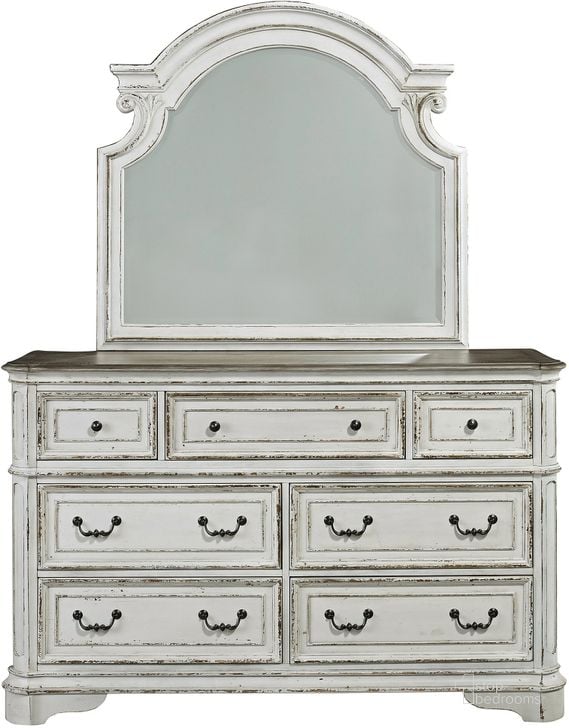 The appearance of Magnolia Manor Dresser And Mirror In White designed by Liberty in the traditional interior design. This antique white piece of furniture  was selected by 1StopBedrooms from Magnolia Manor Collection to add a touch of cosiness and style into your home. Sku: 244-BR31;244-BR51. Product Type: Dresser and Mirror. Material: Rubberwood. Image1