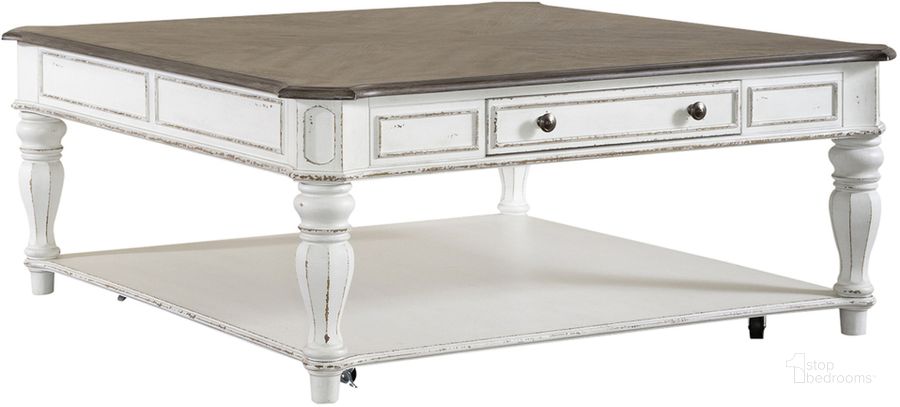 The appearance of Magnolia Manor Oversized Square Cocktail Table designed by Liberty in the traditional interior design. This antique white piece of furniture  was selected by 1StopBedrooms from Magnolia Manor Collection to add a touch of cosiness and style into your home. Sku: 244-OT1014. Product Type: Cocktail Table. Material: Rubberwood. Image1