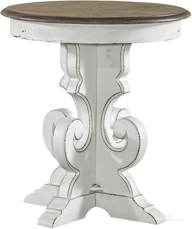 The appearance of Magnolia Manor Round End Table designed by Liberty in the traditional interior design. This antique white piece of furniture  was selected by 1StopBedrooms from Magnolia Manor Collection to add a touch of cosiness and style into your home. Sku: 244-OT1022. Product Type: End Table. Material: Rubberwood. Image1