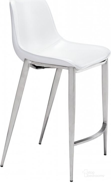 The appearance of Magnus Counter Stool Set of 2 in White and Silver designed by Zuo Modern in the modern / contemporary interior design. This white and silver piece of furniture  was selected by 1StopBedrooms from Magnus Collection to add a touch of cosiness and style into your home. Sku: 101408. Product Type: Counter Height Chair. Material: Stainless Steel. Image1