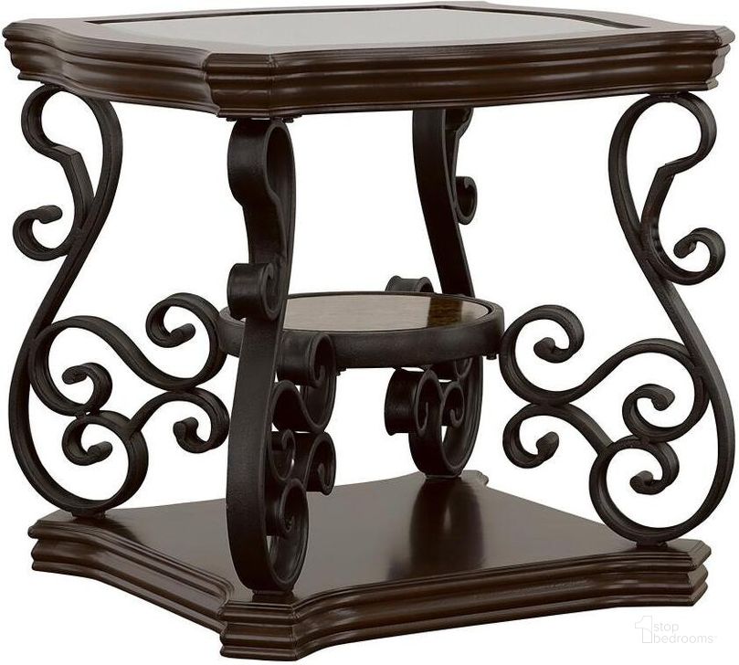 The appearance of Mahogany Ornate Metal End Table designed by Coaster in the transitional interior design. This brown piece of furniture  was selected by 1StopBedrooms from Ornate Collection to add a touch of cosiness and style into your home. Sku: 702447. Material: Wood. Product Type: End Table. Table Top Shape: Rectangular. Image1
